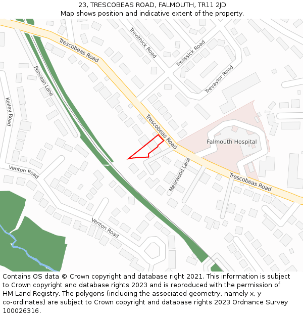 23, TRESCOBEAS ROAD, FALMOUTH, TR11 2JD: Location map and indicative extent of plot