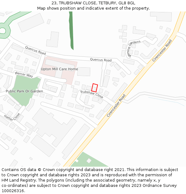 23, TRUBSHAW CLOSE, TETBURY, GL8 8GL: Location map and indicative extent of plot