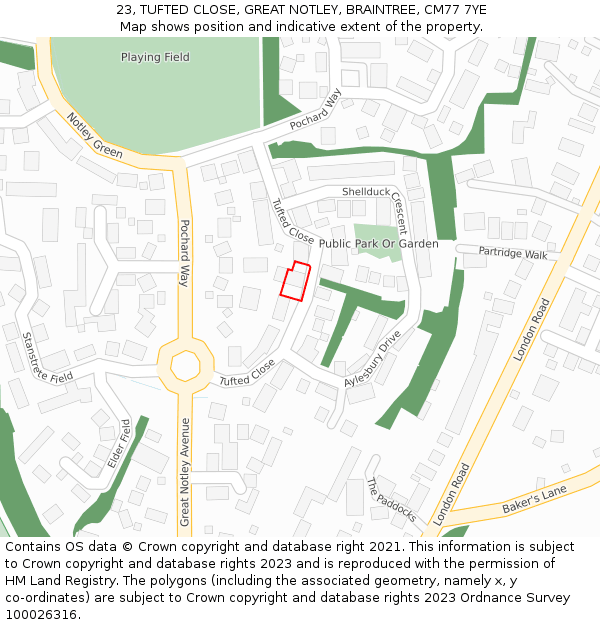 23, TUFTED CLOSE, GREAT NOTLEY, BRAINTREE, CM77 7YE: Location map and indicative extent of plot