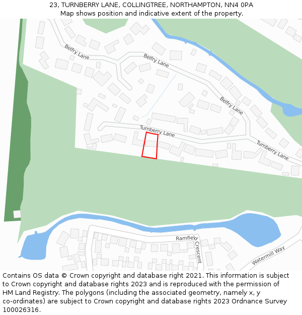 23, TURNBERRY LANE, COLLINGTREE, NORTHAMPTON, NN4 0PA: Location map and indicative extent of plot