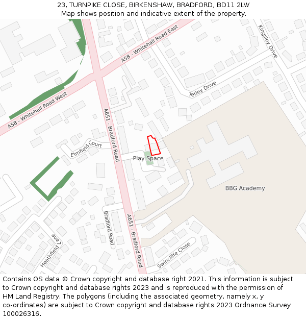 23, TURNPIKE CLOSE, BIRKENSHAW, BRADFORD, BD11 2LW: Location map and indicative extent of plot