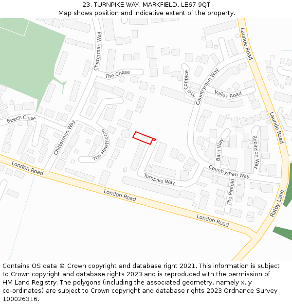 23, TURNPIKE WAY, MARKFIELD, LE67 9QT: Location map and indicative extent of plot