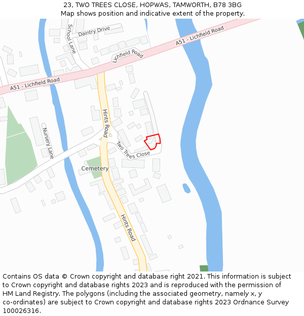 23, TWO TREES CLOSE, HOPWAS, TAMWORTH, B78 3BG: Location map and indicative extent of plot