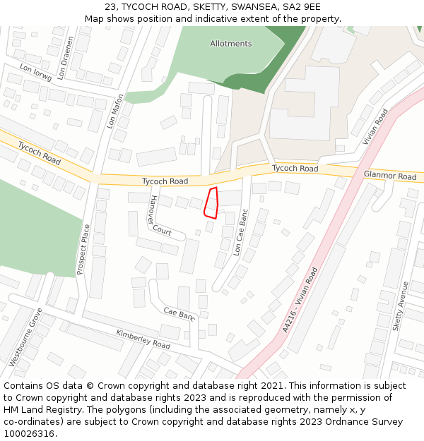 23, TYCOCH ROAD, SKETTY, SWANSEA, SA2 9EE: Location map and indicative extent of plot