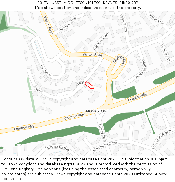 23, TYHURST, MIDDLETON, MILTON KEYNES, MK10 9RP: Location map and indicative extent of plot