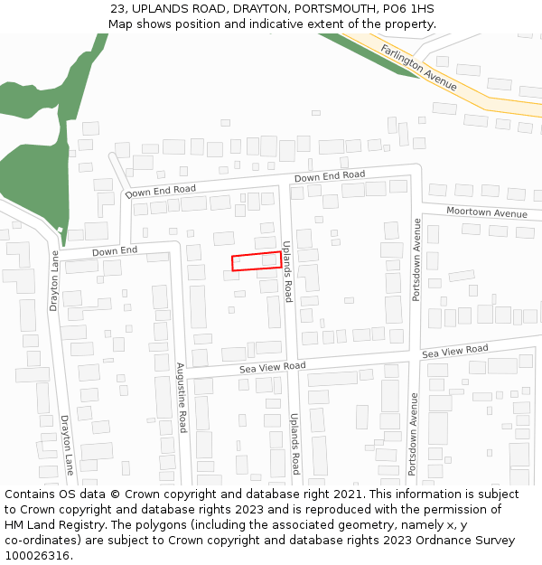23, UPLANDS ROAD, DRAYTON, PORTSMOUTH, PO6 1HS: Location map and indicative extent of plot