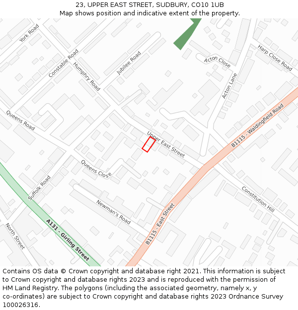 23, UPPER EAST STREET, SUDBURY, CO10 1UB: Location map and indicative extent of plot