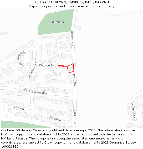 23, UPPER FURLONG, TIMSBURY, BATH, BA2 0NN: Location map and indicative extent of plot