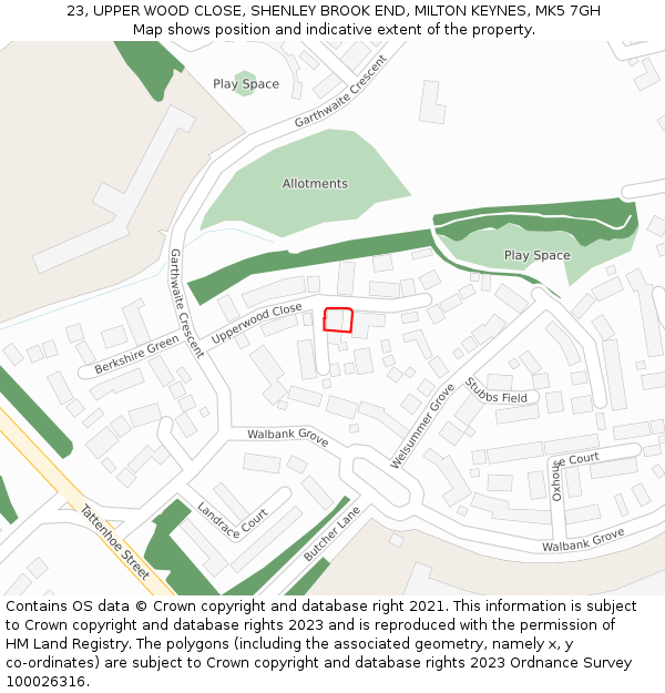 23, UPPER WOOD CLOSE, SHENLEY BROOK END, MILTON KEYNES, MK5 7GH: Location map and indicative extent of plot