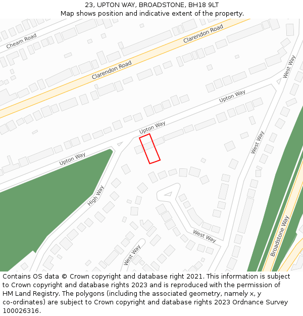 23, UPTON WAY, BROADSTONE, BH18 9LT: Location map and indicative extent of plot