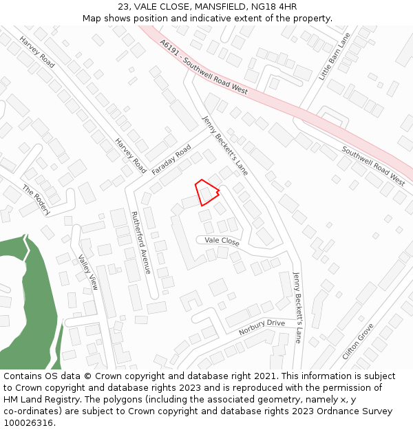 23, VALE CLOSE, MANSFIELD, NG18 4HR: Location map and indicative extent of plot