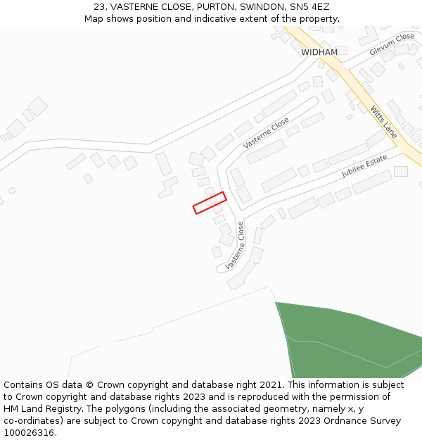 23, VASTERNE CLOSE, PURTON, SWINDON, SN5 4EZ: Location map and indicative extent of plot