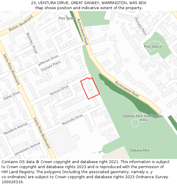 23, VENTURA DRIVE, GREAT SANKEY, WARRINGTON, WA5 8DX: Location map and indicative extent of plot