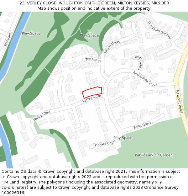 23, VERLEY CLOSE, WOUGHTON ON THE GREEN, MILTON KEYNES, MK6 3ER: Location map and indicative extent of plot