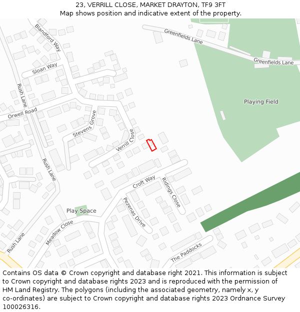 23, VERRILL CLOSE, MARKET DRAYTON, TF9 3FT: Location map and indicative extent of plot