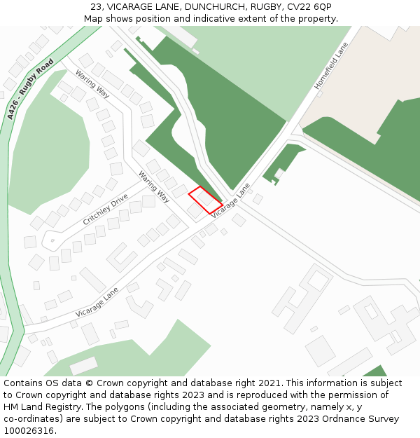 23, VICARAGE LANE, DUNCHURCH, RUGBY, CV22 6QP: Location map and indicative extent of plot