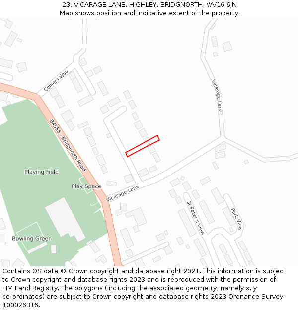 23, VICARAGE LANE, HIGHLEY, BRIDGNORTH, WV16 6JN: Location map and indicative extent of plot