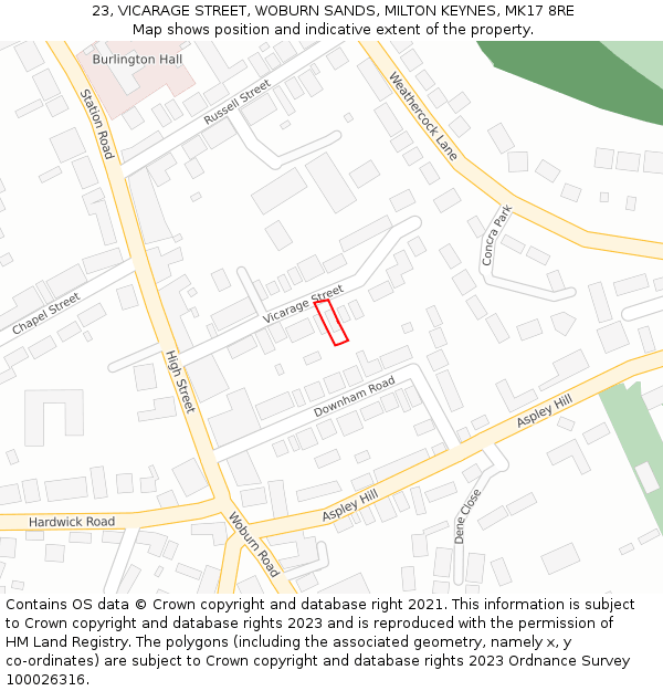 23, VICARAGE STREET, WOBURN SANDS, MILTON KEYNES, MK17 8RE: Location map and indicative extent of plot