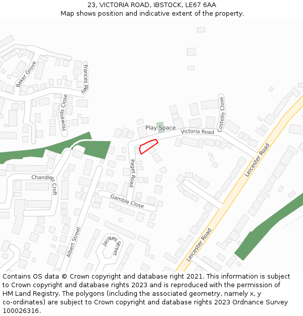 23, VICTORIA ROAD, IBSTOCK, LE67 6AA: Location map and indicative extent of plot