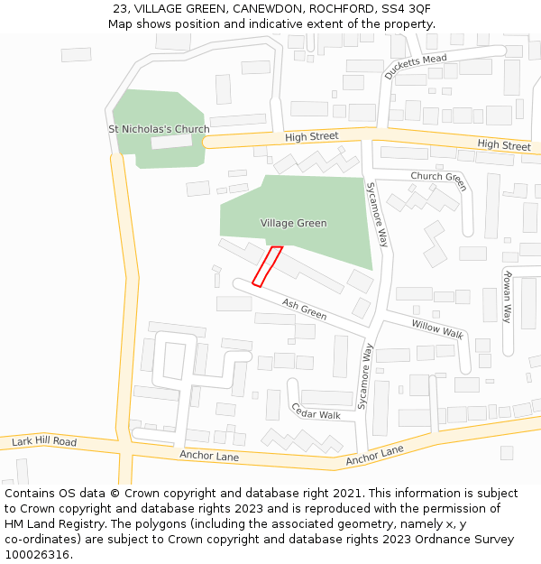 23, VILLAGE GREEN, CANEWDON, ROCHFORD, SS4 3QF: Location map and indicative extent of plot