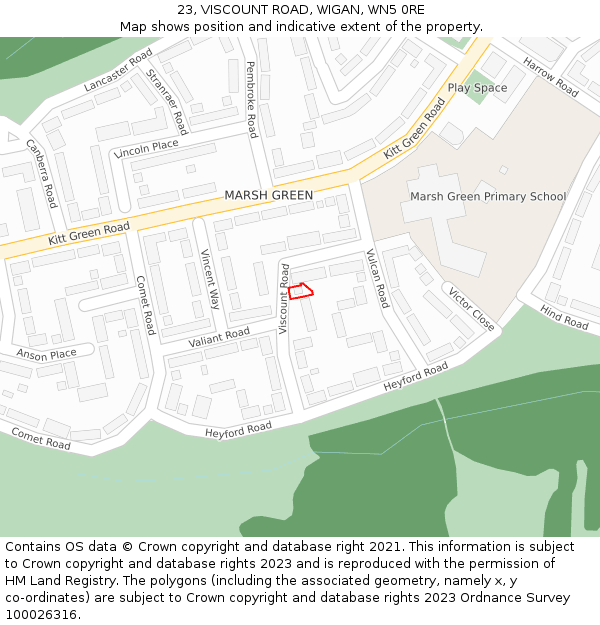 23, VISCOUNT ROAD, WIGAN, WN5 0RE: Location map and indicative extent of plot