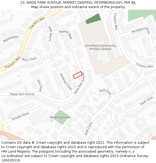 23, WADE PARK AVENUE, MARKET DEEPING, PETERBOROUGH, PE6 8JL: Location map and indicative extent of plot