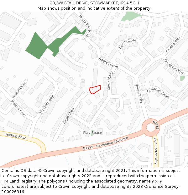 23, WAGTAIL DRIVE, STOWMARKET, IP14 5GH: Location map and indicative extent of plot