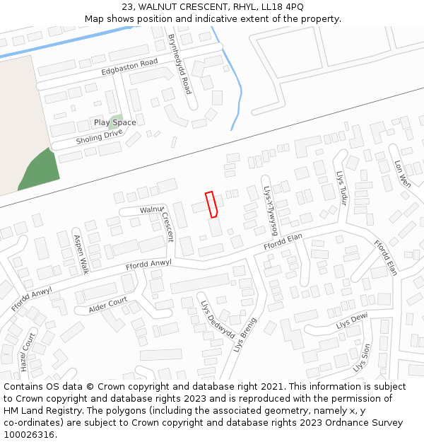 23, WALNUT CRESCENT, RHYL, LL18 4PQ: Location map and indicative extent of plot