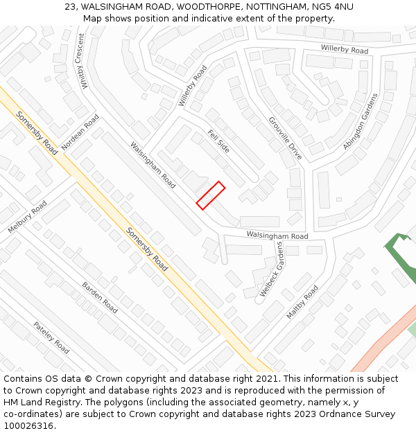 23, WALSINGHAM ROAD, WOODTHORPE, NOTTINGHAM, NG5 4NU: Location map and indicative extent of plot