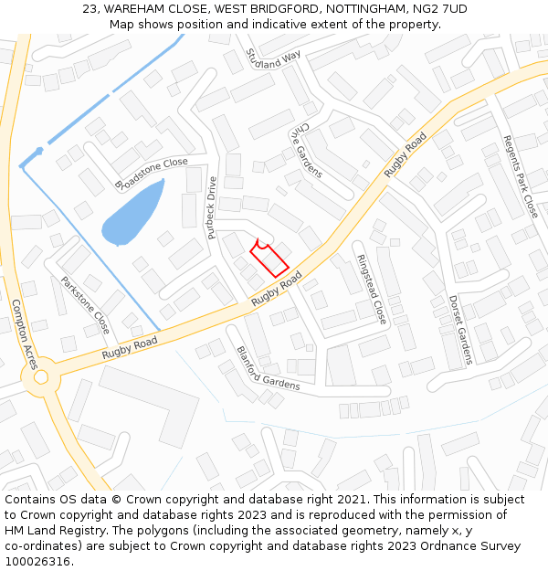 23, WAREHAM CLOSE, WEST BRIDGFORD, NOTTINGHAM, NG2 7UD: Location map and indicative extent of plot