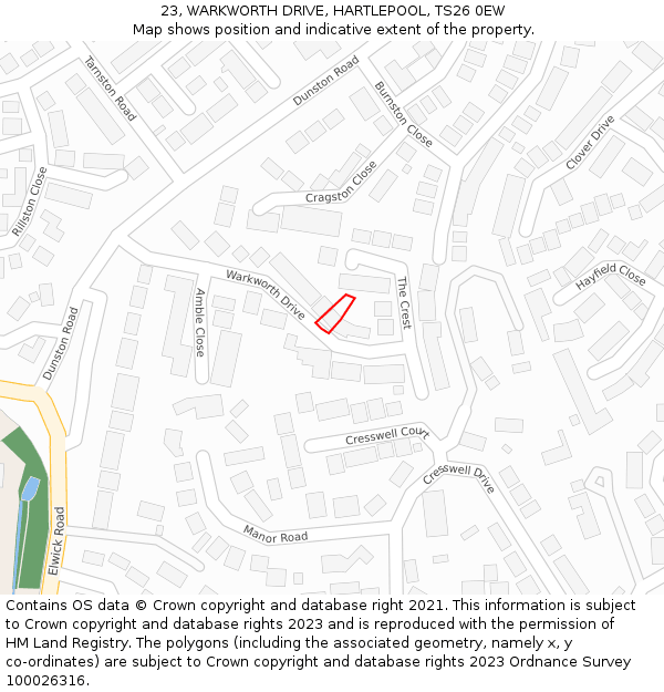23, WARKWORTH DRIVE, HARTLEPOOL, TS26 0EW: Location map and indicative extent of plot