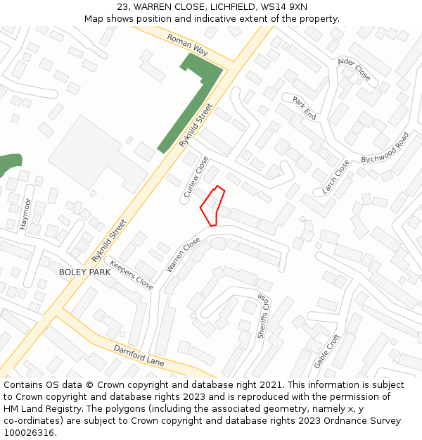 23, WARREN CLOSE, LICHFIELD, WS14 9XN: Location map and indicative extent of plot