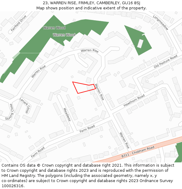 23, WARREN RISE, FRIMLEY, CAMBERLEY, GU16 8SJ: Location map and indicative extent of plot