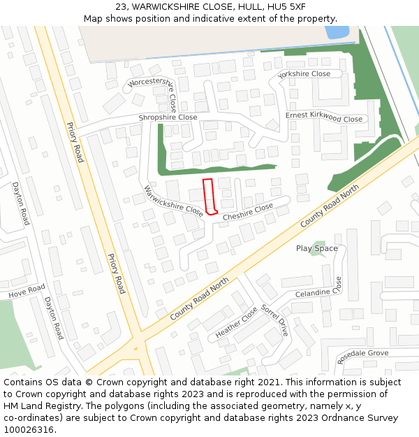23, WARWICKSHIRE CLOSE, HULL, HU5 5XF: Location map and indicative extent of plot