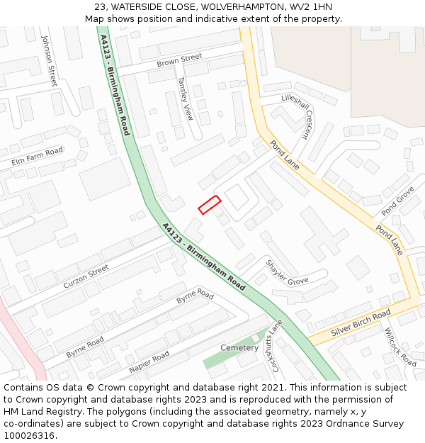 23, WATERSIDE CLOSE, WOLVERHAMPTON, WV2 1HN: Location map and indicative extent of plot
