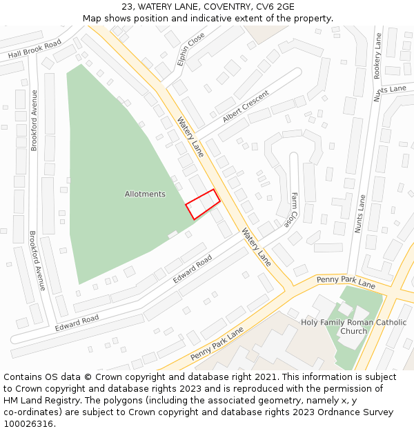 23, WATERY LANE, COVENTRY, CV6 2GE: Location map and indicative extent of plot