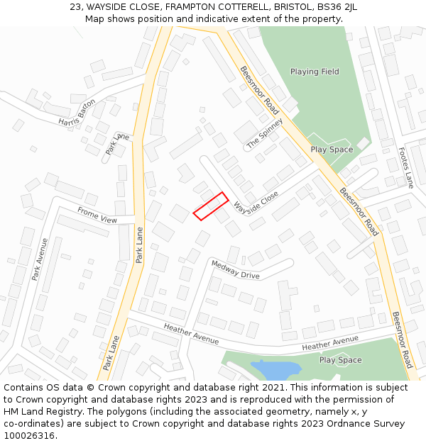 23, WAYSIDE CLOSE, FRAMPTON COTTERELL, BRISTOL, BS36 2JL: Location map and indicative extent of plot