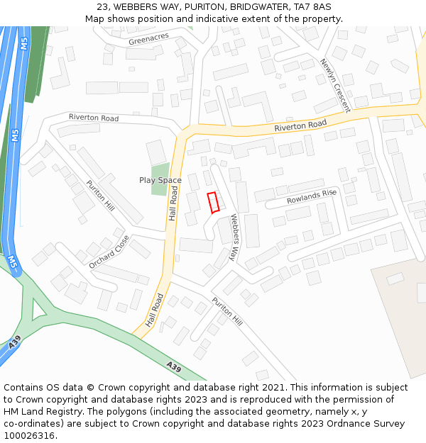 23, WEBBERS WAY, PURITON, BRIDGWATER, TA7 8AS: Location map and indicative extent of plot