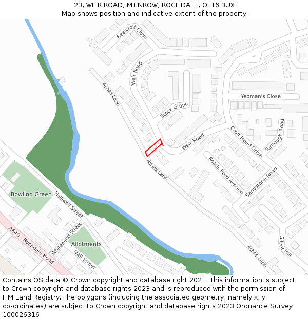 23, WEIR ROAD, MILNROW, ROCHDALE, OL16 3UX: Location map and indicative extent of plot