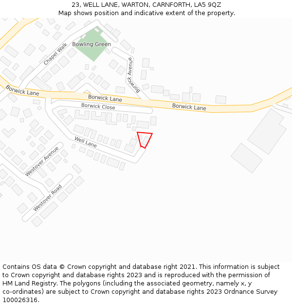 23, WELL LANE, WARTON, CARNFORTH, LA5 9QZ: Location map and indicative extent of plot