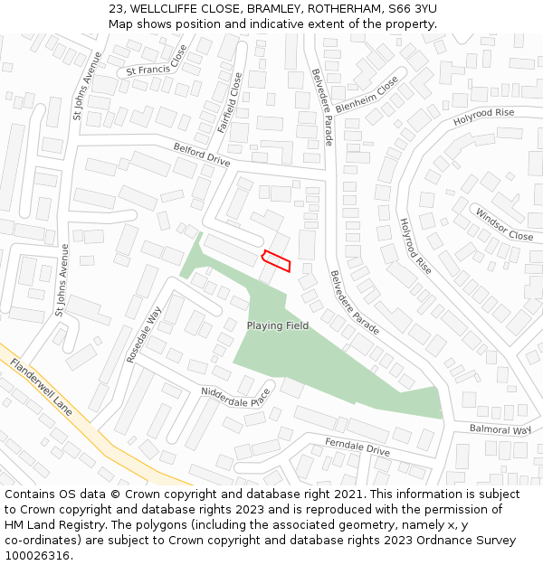 23, WELLCLIFFE CLOSE, BRAMLEY, ROTHERHAM, S66 3YU: Location map and indicative extent of plot