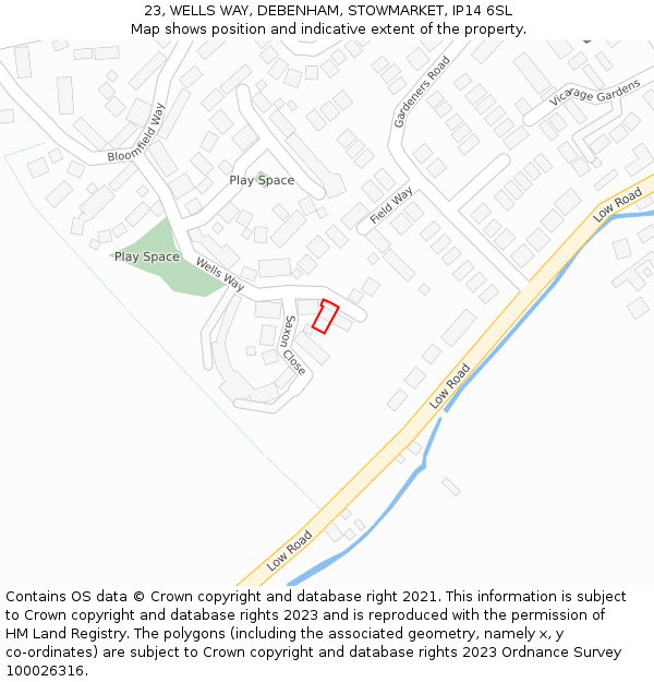 23, WELLS WAY, DEBENHAM, STOWMARKET, IP14 6SL: Location map and indicative extent of plot