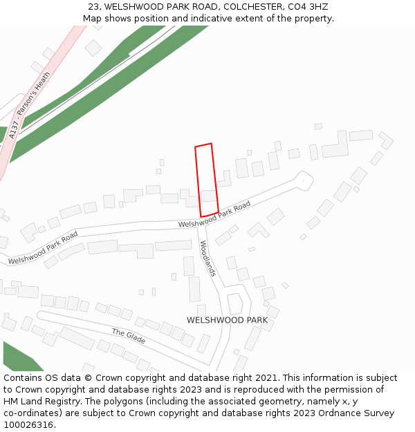 23, WELSHWOOD PARK ROAD, COLCHESTER, CO4 3HZ: Location map and indicative extent of plot