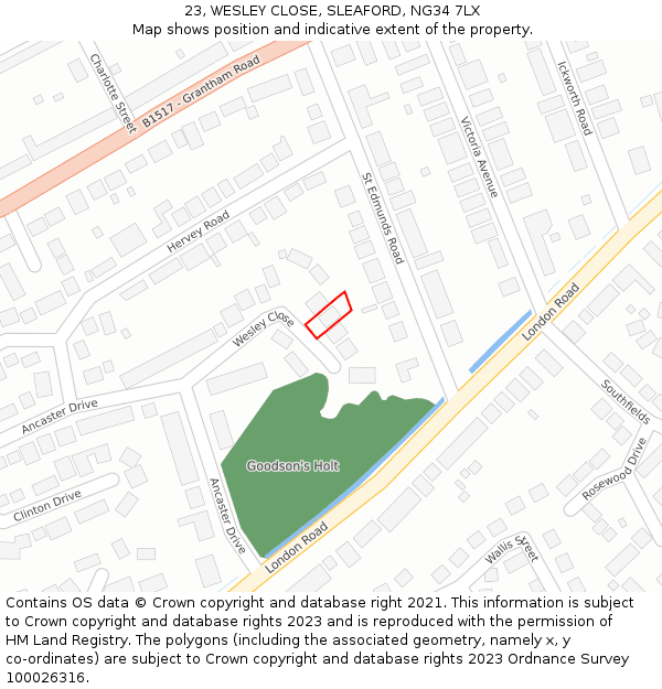 23, WESLEY CLOSE, SLEAFORD, NG34 7LX: Location map and indicative extent of plot