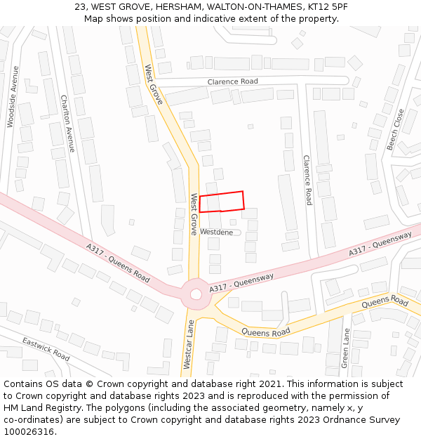 23, WEST GROVE, HERSHAM, WALTON-ON-THAMES, KT12 5PF: Location map and indicative extent of plot