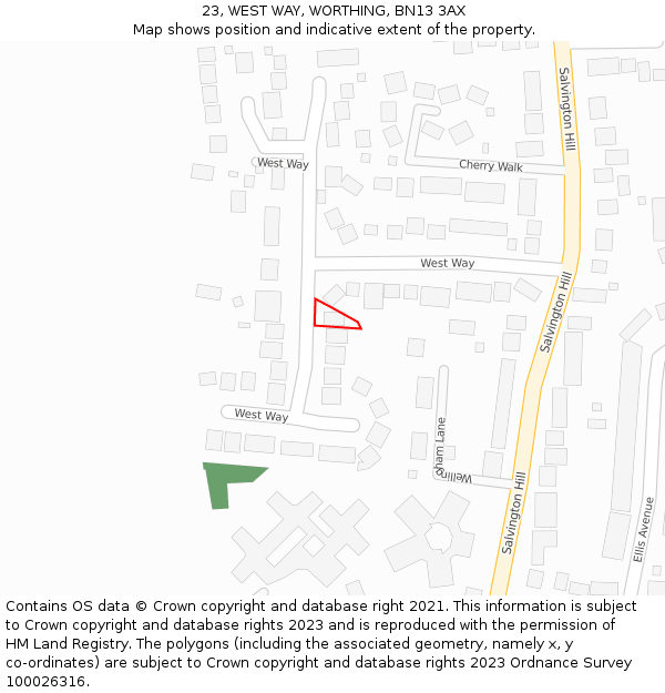 23, WEST WAY, WORTHING, BN13 3AX: Location map and indicative extent of plot