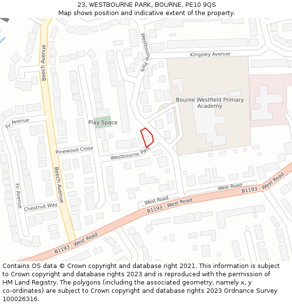 23, WESTBOURNE PARK, BOURNE, PE10 9QS: Location map and indicative extent of plot