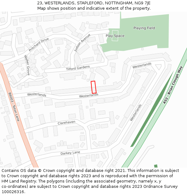 23, WESTERLANDS, STAPLEFORD, NOTTINGHAM, NG9 7JE: Location map and indicative extent of plot