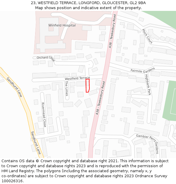 23, WESTFIELD TERRACE, LONGFORD, GLOUCESTER, GL2 9BA: Location map and indicative extent of plot