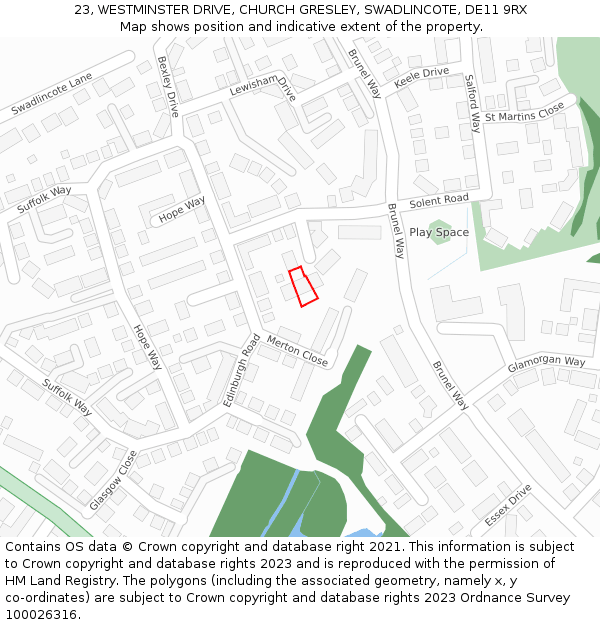 23, WESTMINSTER DRIVE, CHURCH GRESLEY, SWADLINCOTE, DE11 9RX: Location map and indicative extent of plot